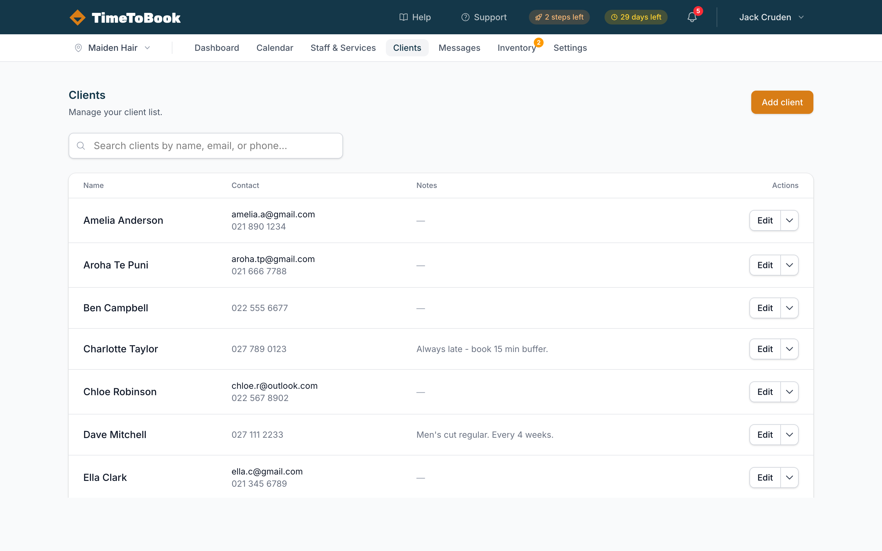 Clients page showing a searchable list