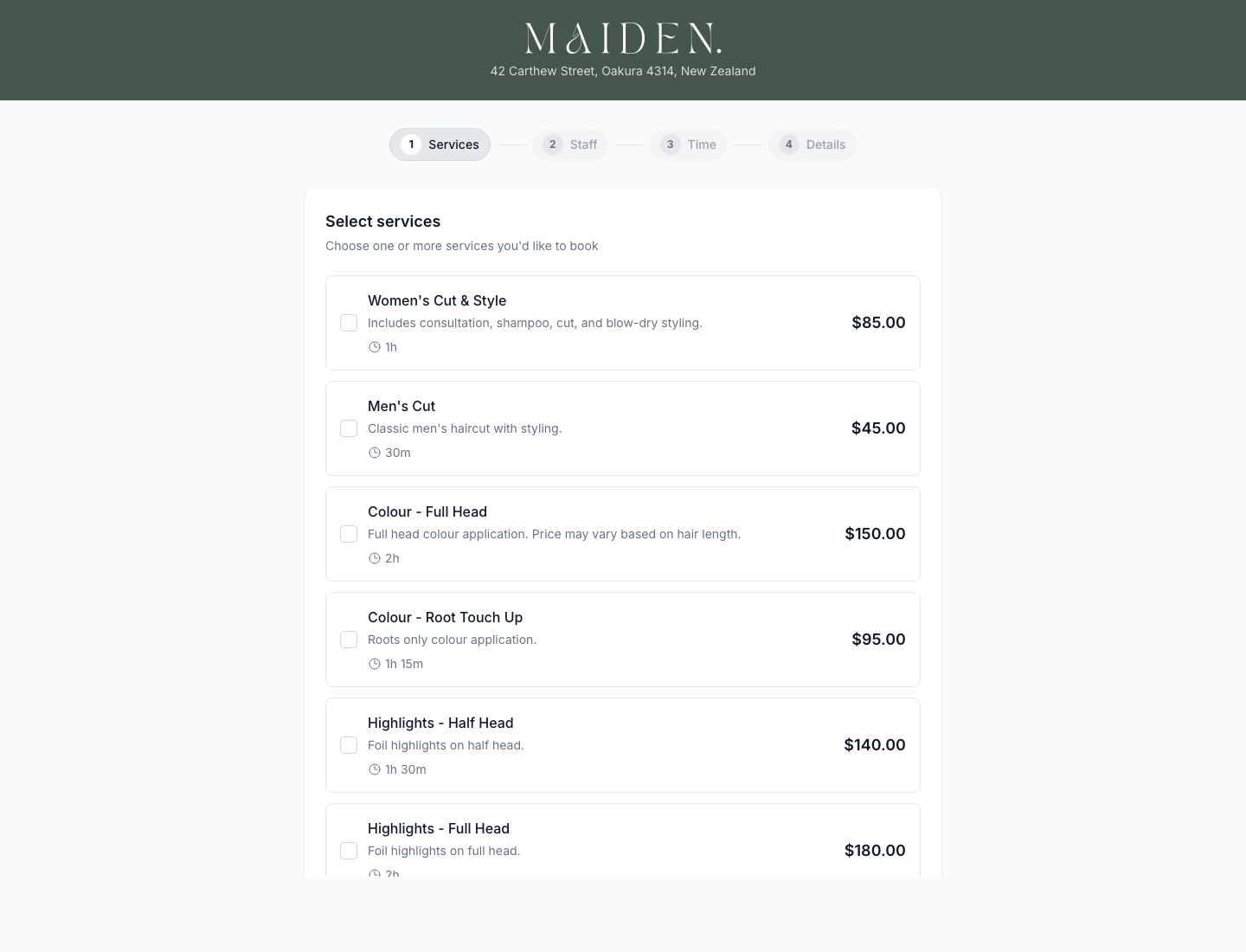 The public booking page showing step 1, select services, with prices and durations